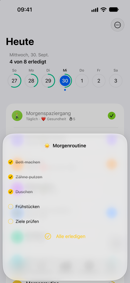 App-Screenshot: Deine Routine, Schritt für Schritt. Kleine Aufgaben in einer Checkliste.
