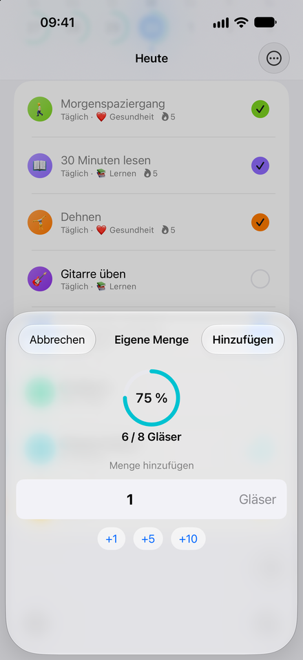 App-Screenshot: Mehr als nur Häkchen. Zähle Wasser, Seiten, Minuten und mehr.