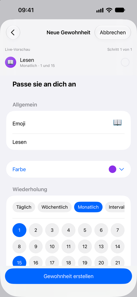 App-Screenshot: Gewohnheiten in deinem Rhythmus. Täglich und wöchentlich kostenlos. Mehr mit Pro.