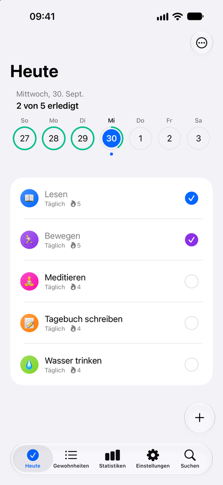 App-Screenshot: Mach heute einen Schritt. Sieh deine Gewohnheiten. Hake Erledigtes ab.