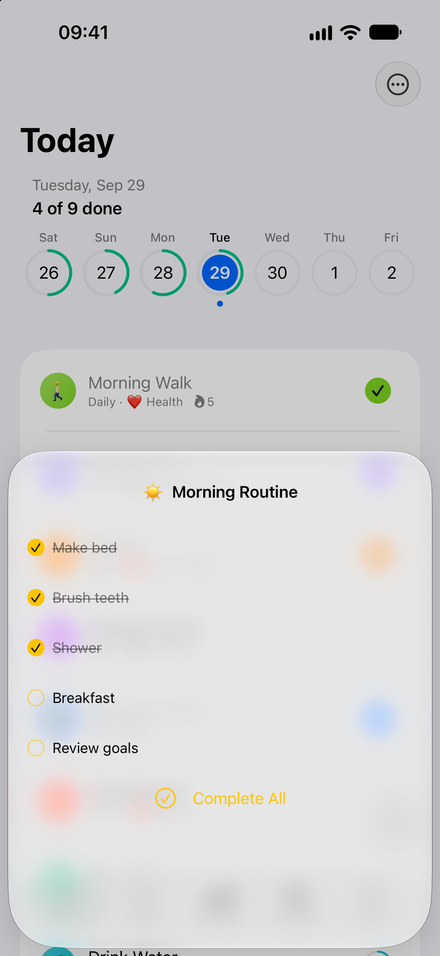 App screenshot: Build a routine, step by step. Keep small tasks together in a checklist.