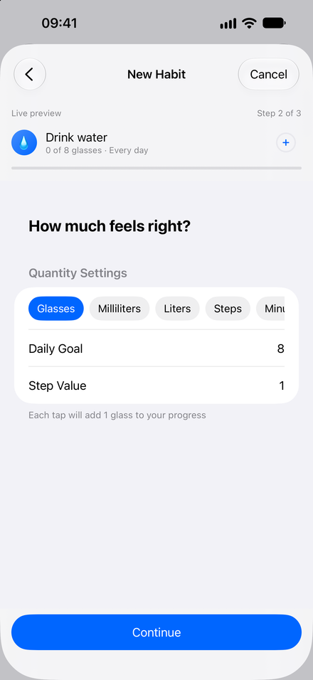 App screenshot: Start with one small habit. Guided setup with a live preview.