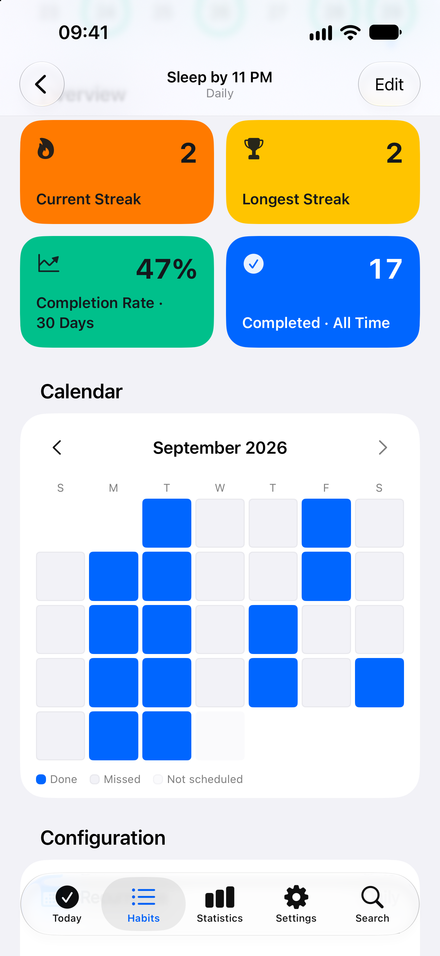App screenshot: See how far you have come. Streaks and a calendar for every habit.