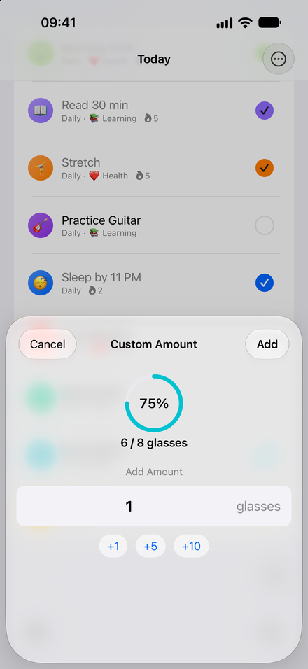 App screenshot: Count more than checkmarks. Track water, pages, minutes, and more.