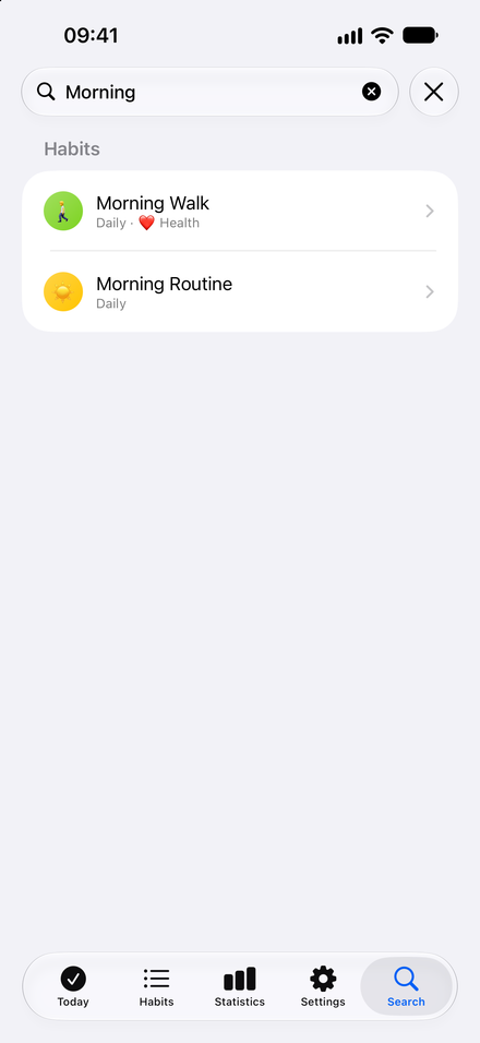 App screenshot: Find the habit you need. Search habits and categories in one place.