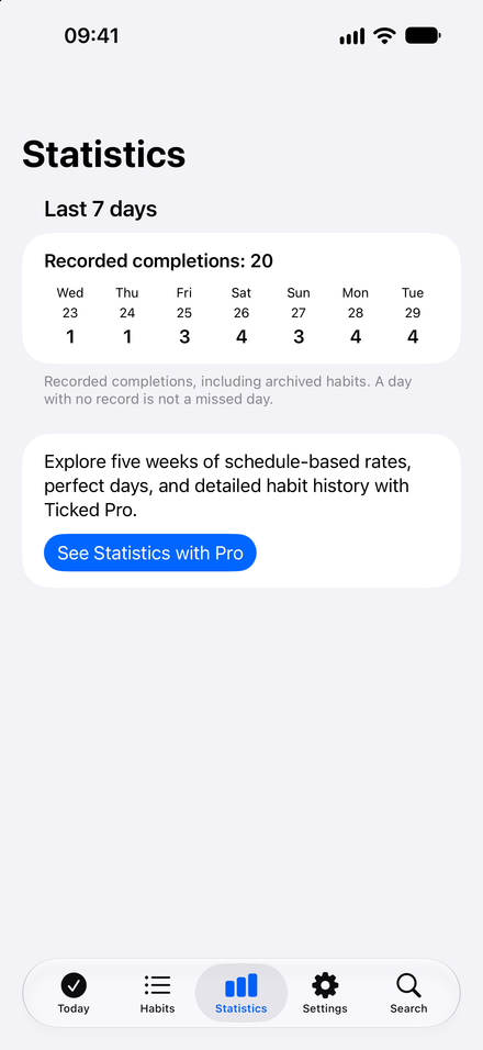 App screenshot: Keep your week in view. Review seven days of completions, free.