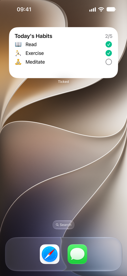 App screenshot: Tick it from your Home Screen. Interactive widgets, included free.