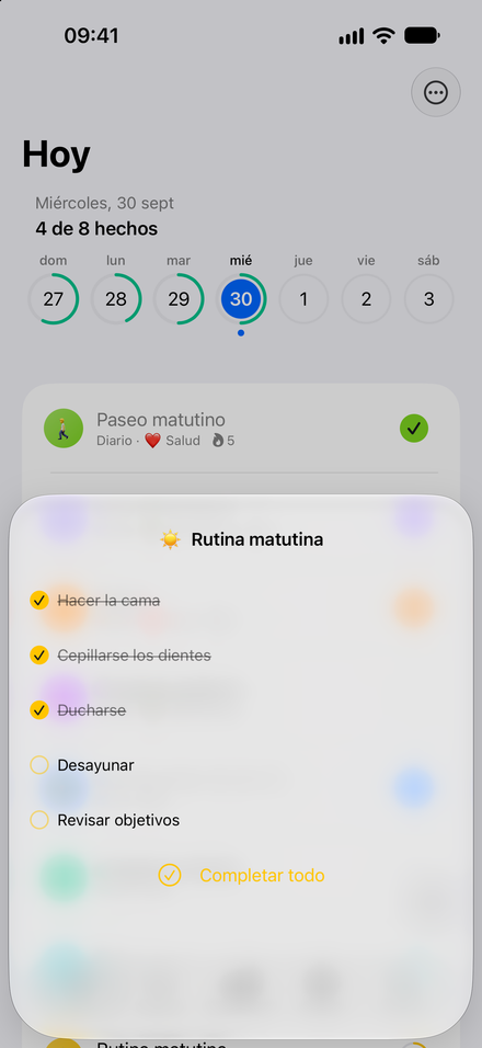 Captura de la app: Tu rutina, paso a paso. Agrupa pequeñas tareas en una lista.