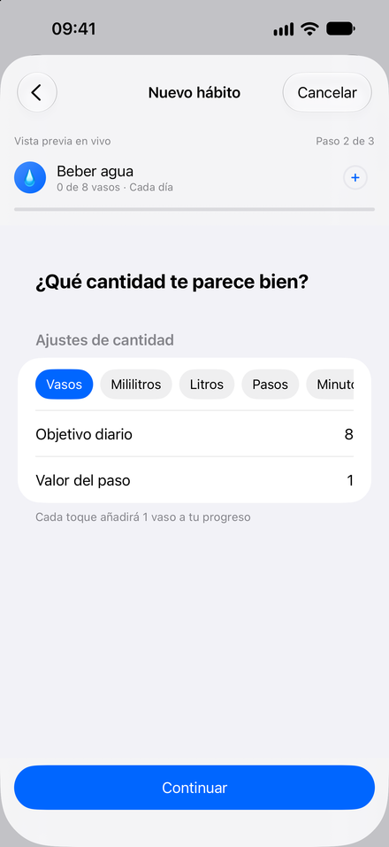 Captura de la app: Empieza con un pequeño hábito. Configuración guiada con vista previa.