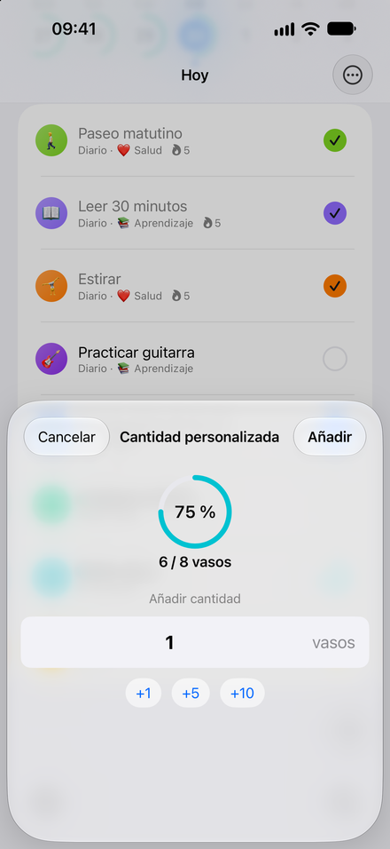 Captura de la app: Más que marcar casillas. Cuenta agua, páginas, minutos y más.