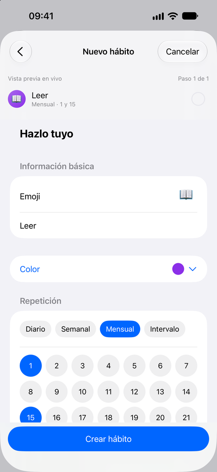 Captura de la app: Hábitos a tu ritmo. Diarios y semanales gratis. Más opciones con Pro.