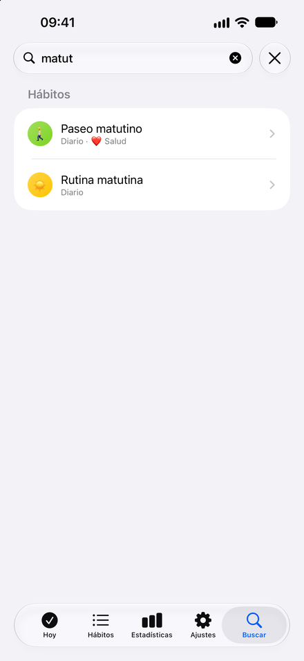 Captura de la app: Encuentra el hábito que buscas. Busca hábitos y categorías en un solo lugar.
