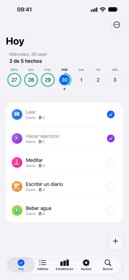 Captura de la app: Haz que hoy cuente. Mira tus hábitos y marca tu progreso.