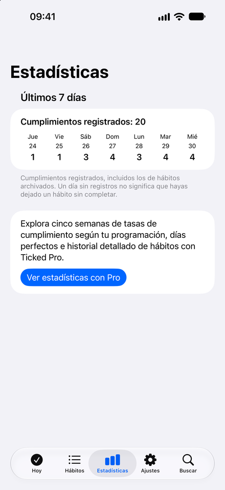 Captura de la app: Tu semana, de un vistazo. Revisa siete días de actividad gratis.