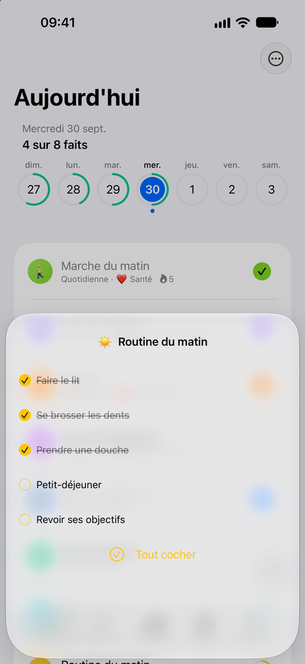 Capture de l’app: Votre routine, pas à pas. Regroupez les petites tâches dans une checklist.