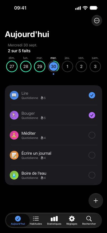 Capture de l’app: À votre image. Couleurs, emojis et mode sombre apaisant.