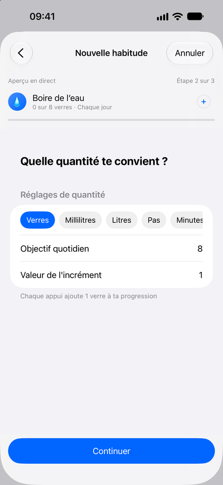 Capture de l’app: Commencez par une habitude. Une création guidée avec aperçu en direct.