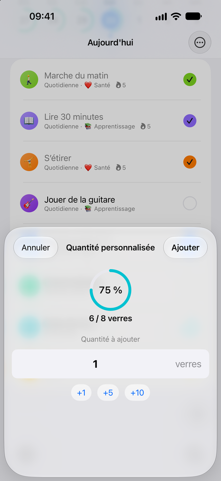 Capture de l’app: Bien plus qu’une case cochée. Comptez l’eau, les pages, les minutes et plus.