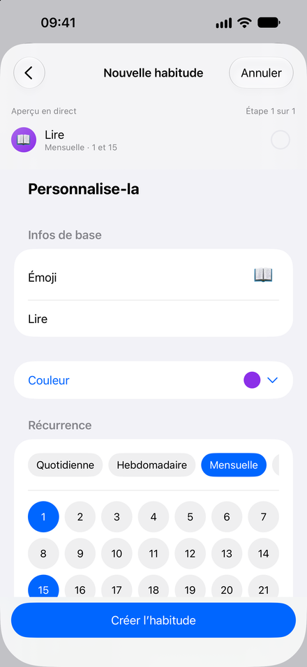 Capture de l’app: Des habitudes à votre rythme. Chaque jour ou semaine : gratuit. Plus avec Pro.