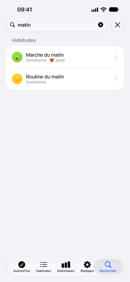 Capture de l’app: Retrouvez la bonne habitude. Cherchez vos habitudes et catégories.