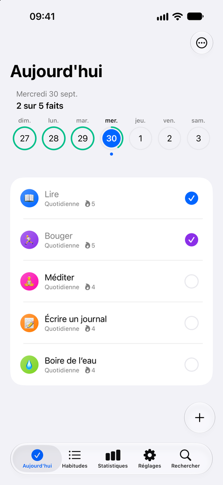 Capture de l’app: Faites avancer votre journée. Vos habitudes en vue. Vos progrès cochés.