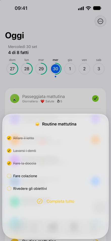Schermata dell’app: La tua routine, passo dopo passo. Riunisci piccoli compiti in una checklist.