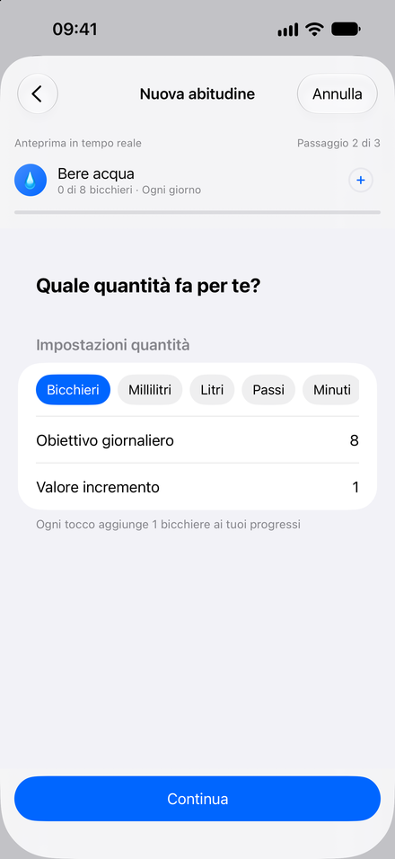 Schermata dell’app: Inizia con una piccola abitudine. Creazione guidata con anteprima dal vivo.
