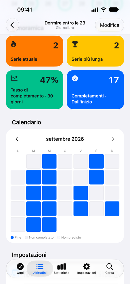 Schermata dell’app: Guarda quanta strada hai fatto. Serie e calendario per ogni abitudine.
