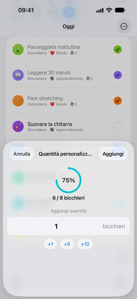 Schermata dell’app: Più di una semplice spunta. Conta acqua, pagine, minuti e altro.