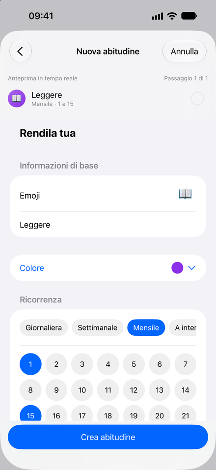 Schermata dell’app: Abitudini al tuo ritmo. Giornaliere e settimanali gratis. Più opzioni con Pro.