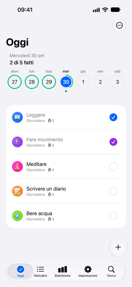 Schermata dell’app: Fai contare ogni giorno. Vedi le tue abitudini. Segna i progressi.
