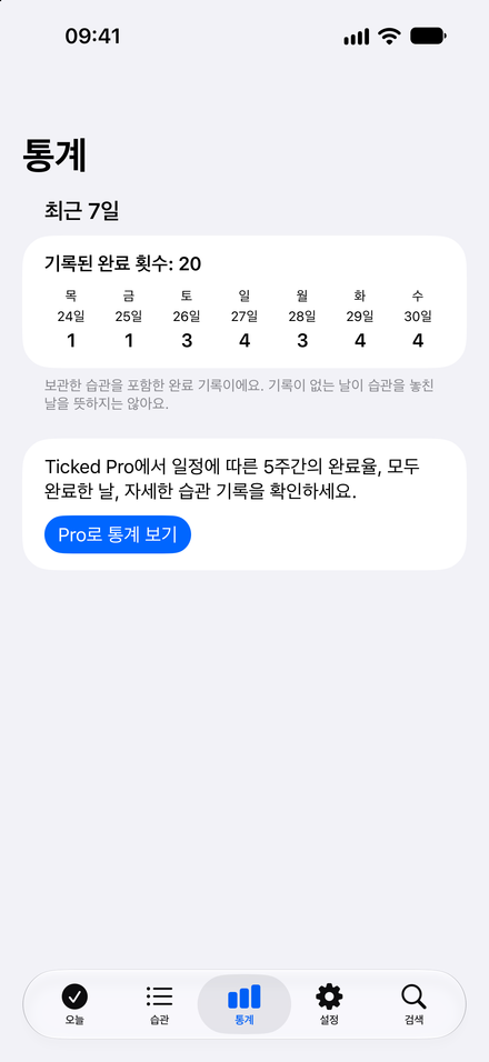 앱 스크린샷: 한 주를 한눈에. 지난 7일의 완료 기록을 무료로 확인하세요.
