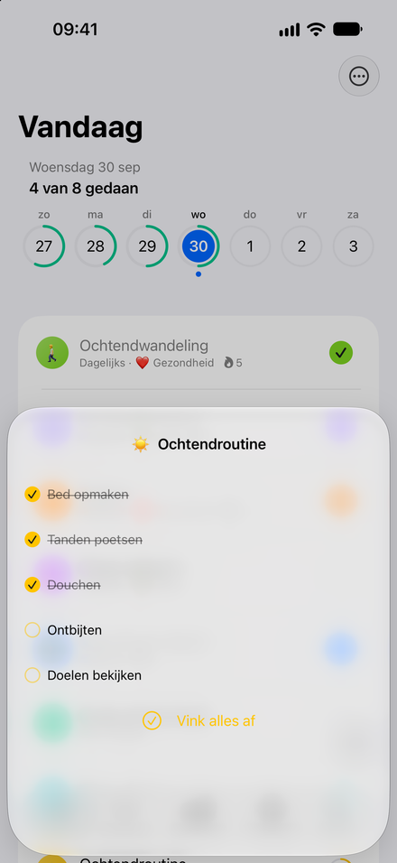 Schermafbeelding van de app: Je routine, stap voor stap. Kleine taken samen in één checklist.