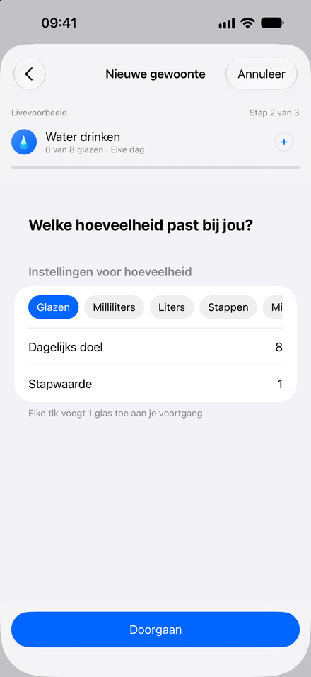 Schermafbeelding van de app: Begin met één kleine gewoonte. Begeleide stappen met een live voorbeeld.