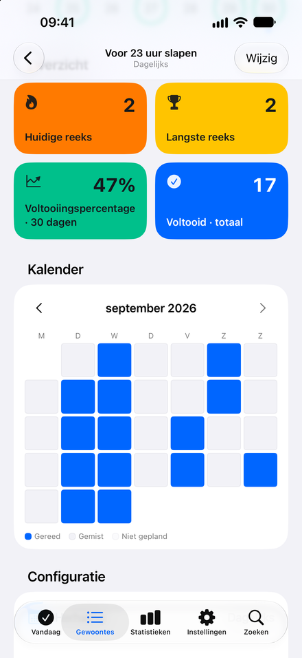Schermafbeelding van de app: Zie hoe ver je bent. Reeksen en een kalender per gewoonte.