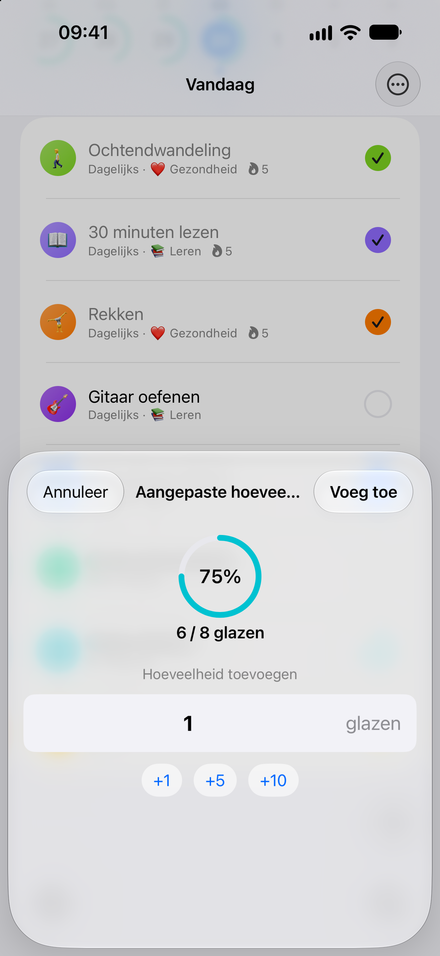 Schermafbeelding van de app: Meer dan alleen vinkjes. Tel water, pagina’s, minuten en meer.