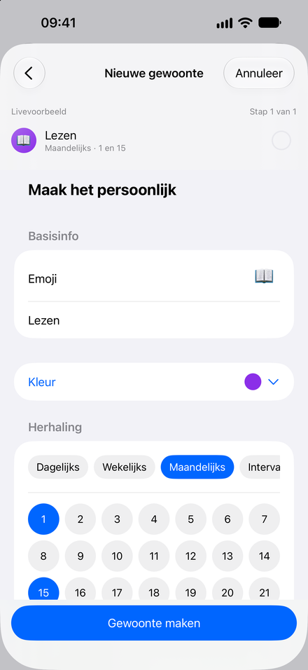 Schermafbeelding van de app: Gewoonten in jouw ritme. Dagelijks en wekelijks gratis. Meer met Pro.