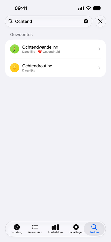 Schermafbeelding van de app: Vind de gewoonte die je zoekt. Zoek gewoonten en categorieën op één plek.