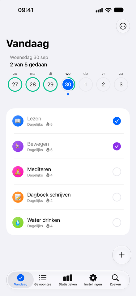 Schermafbeelding van de app: Laat vandaag tellen. Bekijk je gewoonten. Vink je voortgang af.
