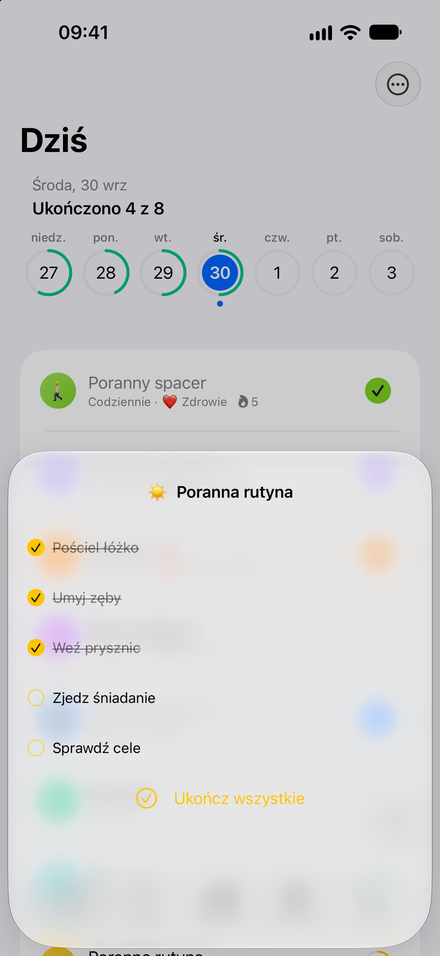 Zrzut ekranu aplikacji: Rutyna krok po kroku. Połącz małe zadania w listę kontrolną.