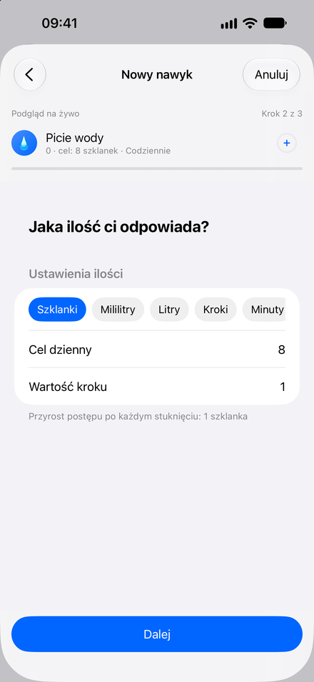 Zrzut ekranu aplikacji: Zacznij od jednego nawyku. Twórz krok po kroku z podglądem.