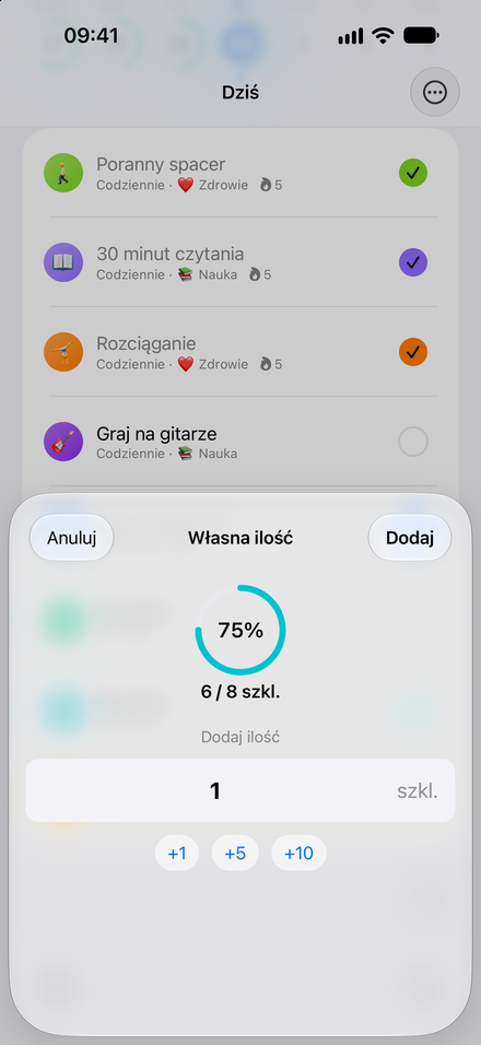 Zrzut ekranu aplikacji: Więcej niż odhaczanie. Licz szklanki wody, strony i minuty.