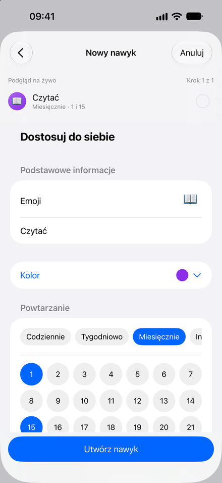 Zrzut ekranu aplikacji: Nawyki w twoim rytmie. Dziennie i tygodniowo bezpłatnie. Więcej z Pro.