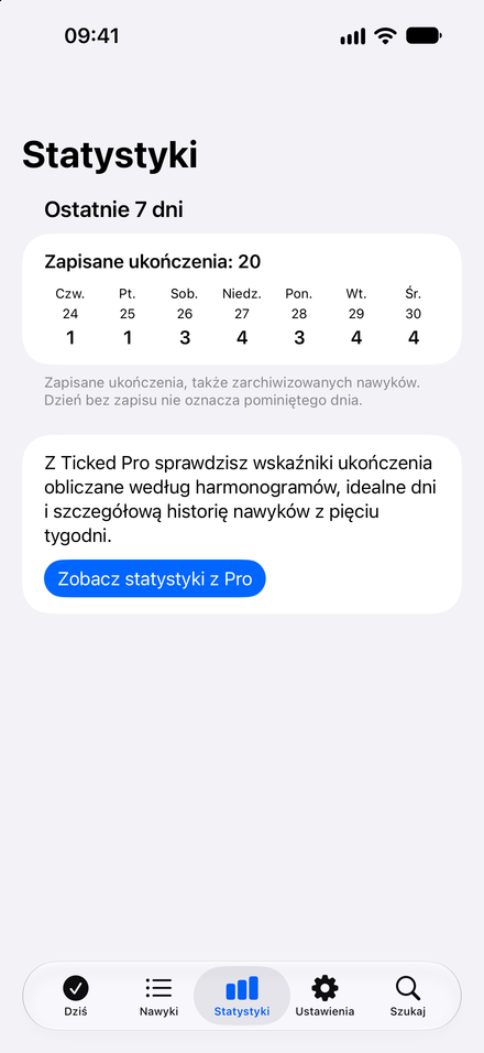 Zrzut ekranu aplikacji: Twój tydzień w jednym miejscu. Przegląd siedmiu dni, dostępny bezpłatnie.