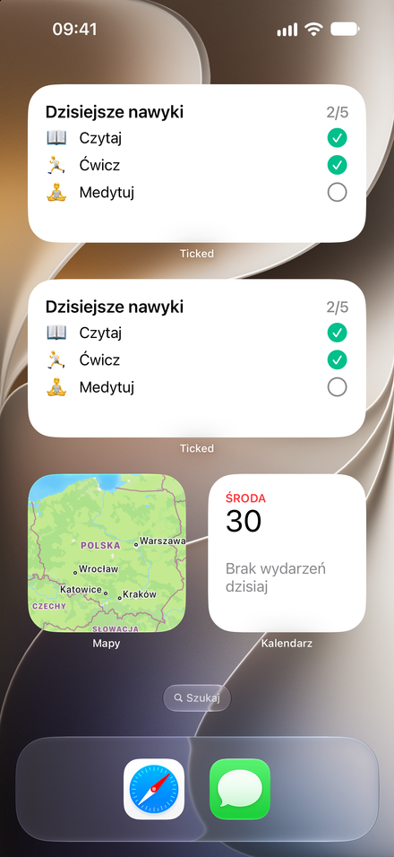 Zrzut ekranu aplikacji: Odhaczaj w widżecie. Interaktywne widżety są bezpłatne.