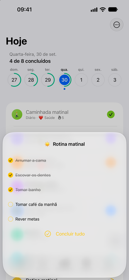 Captura de tela do app: Sua rotina, passo a passo. Reúna pequenas tarefas em uma checklist.