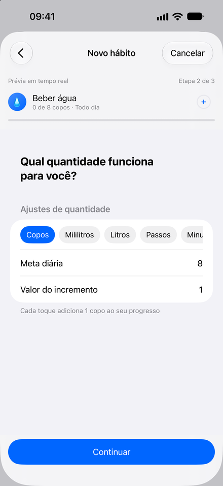 Captura de tela do app: Comece com um pequeno hábito. Criação guiada com prévia em tempo real.