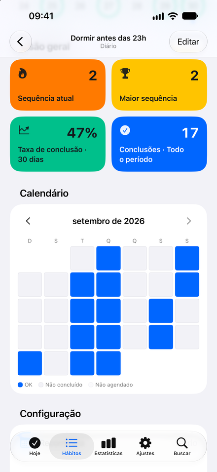 Captura de tela do app: Veja o quanto você avançou. Sequências e calendário para cada hábito.