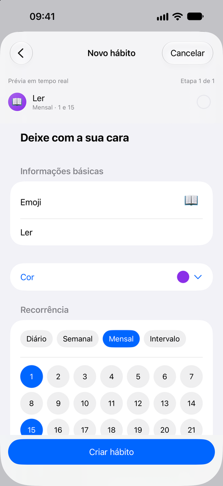 Captura de tela do app: Hábitos no seu ritmo. Diários e semanais grátis. Mais opções com Pro.
