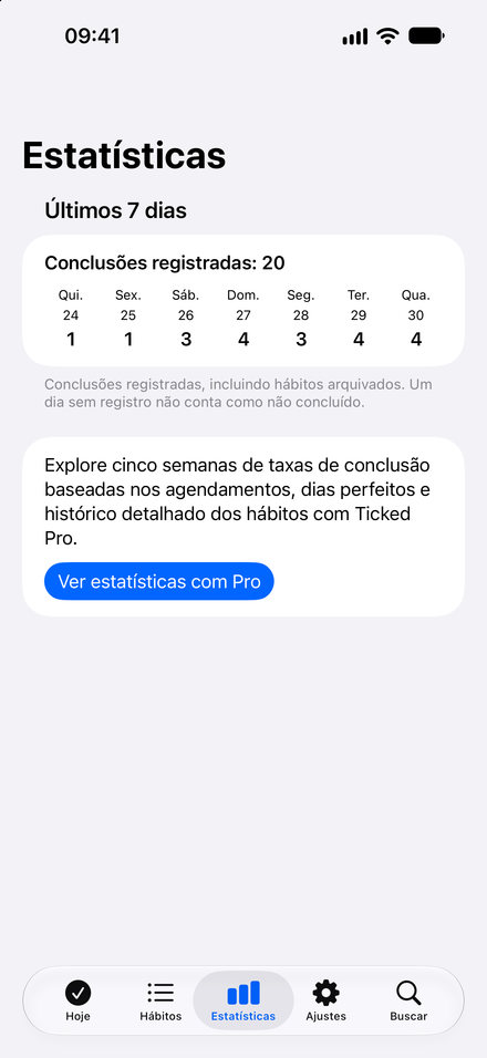 Captura de tela do app: Sua semana em um só lugar. Veja sete dias de atividades concluídas, grátis.
